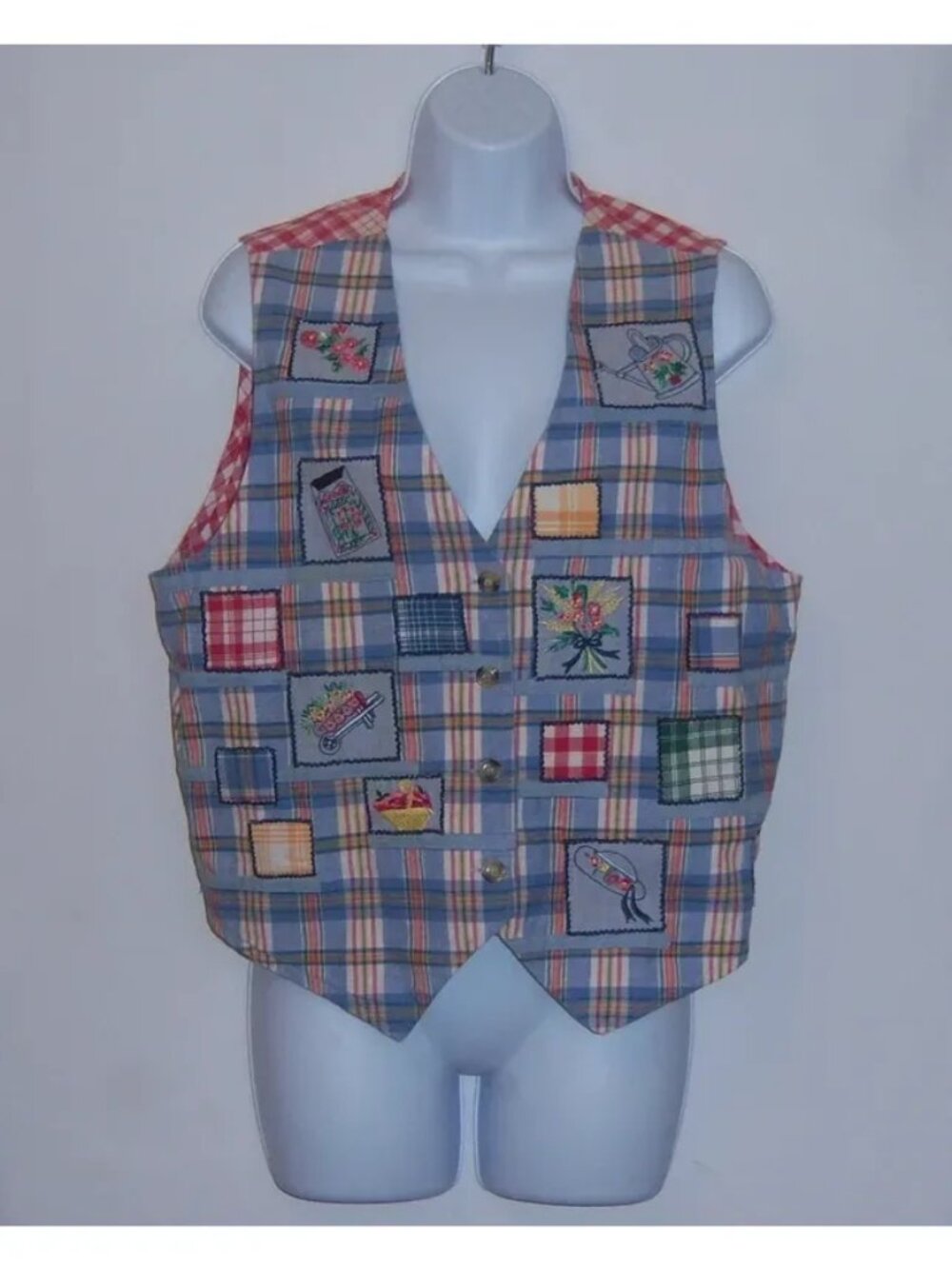 Vintage Victoria Jones Madras Gingham Embroidered Floral Flower Pattern Vest Pet